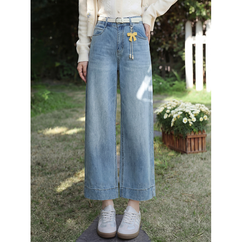 鹿向南「云褶裁裤」蓝色直筒宽松牛仔裤女夏新款时尚显瘦九分长裤