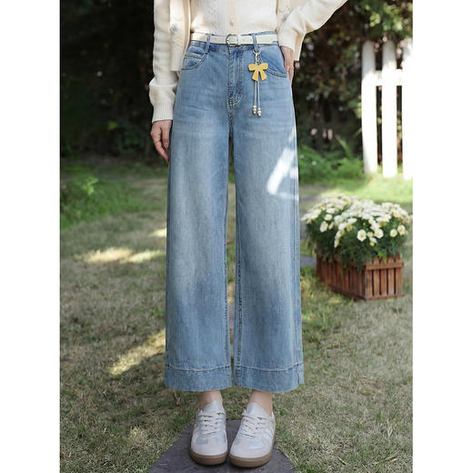 鹿向南「云褶裁裤」蓝色直筒宽松牛仔裤女夏新款时尚显瘦九分长裤 商品图0