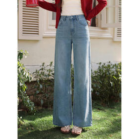 鹿向南「溪畔寻甜」蓝色牛仔裤女夏新款时尚百搭宽松直筒阔腿长裤