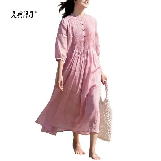 高端苎麻打条圆领七分袖单排扣系带连衣裙 商品图2