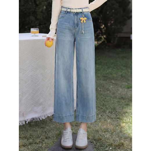 鹿向南「云褶裁裤」蓝色直筒宽松牛仔裤女夏新款时尚显瘦九分长裤 商品图4