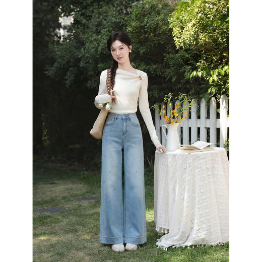 鹿向南「甜芜漫庭」蓝色牛仔裤夏季新款时尚印花小众设计感长裤女 商品图2