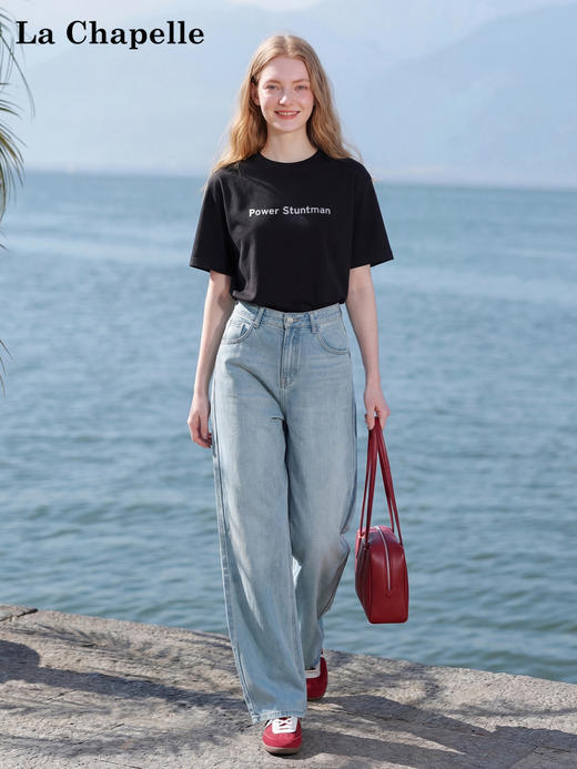 天猫同步【弹力足！高质感~】拉夏贝尔/La Chapelle两色圆领短袖T恤气质短款套头正肩法式上衣女 商品图3