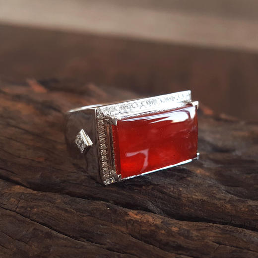 【天然正品】A货翡翠AU750白金镶钻镶天然细腻宽版造型冰种红翡（鸿运当头）翡翠戒指23号280226NJS36 商品图4
