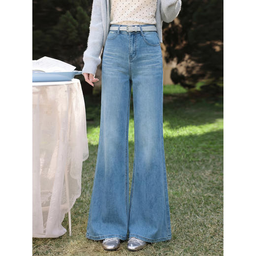 鹿向南「轻步蓝调」浅蓝色高腰直筒牛仔裤女夏季垂感显瘦微喇长裤 商品图2