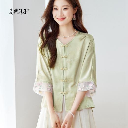 新中式缎面提花刺绣圆领七分袖单排扣盘外套 商品图1