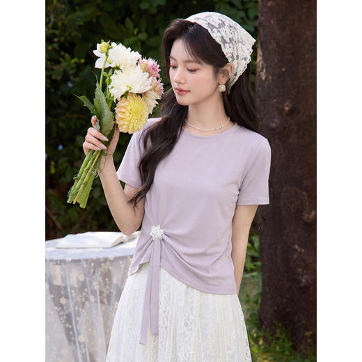 鹿向南「鸢尾来信」今年流行漂亮紫色短袖T恤女夏新款设计感上衣 商品图3