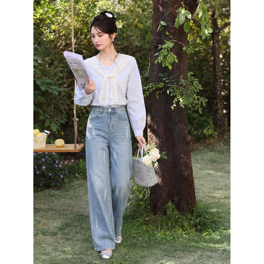 鹿向南「雾柠甜光」蓝色牛仔裤女夏季2026新款小个子高腰直筒长裤 商品图4