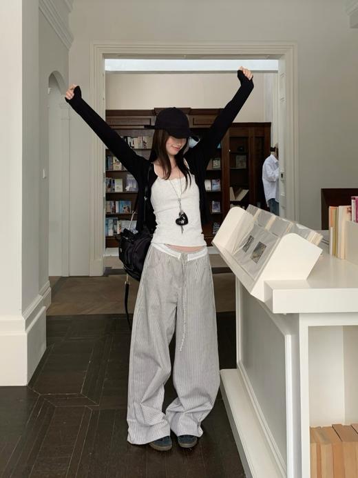 条纹元素花边腰头拼接设计感慵懒拖地裤 商品图5