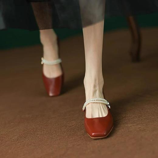 【新中式牛皮玛丽珍鞋】女高跟粗跟珍珠伴娘法式旗袍国风中跟单鞋婚鞋 商品图2