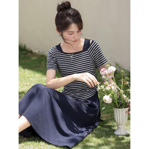 鹿向南「塞纳夏柠」小个子斜领条纹T恤女夏褶皱收腰显瘦短款上衣 商品图2