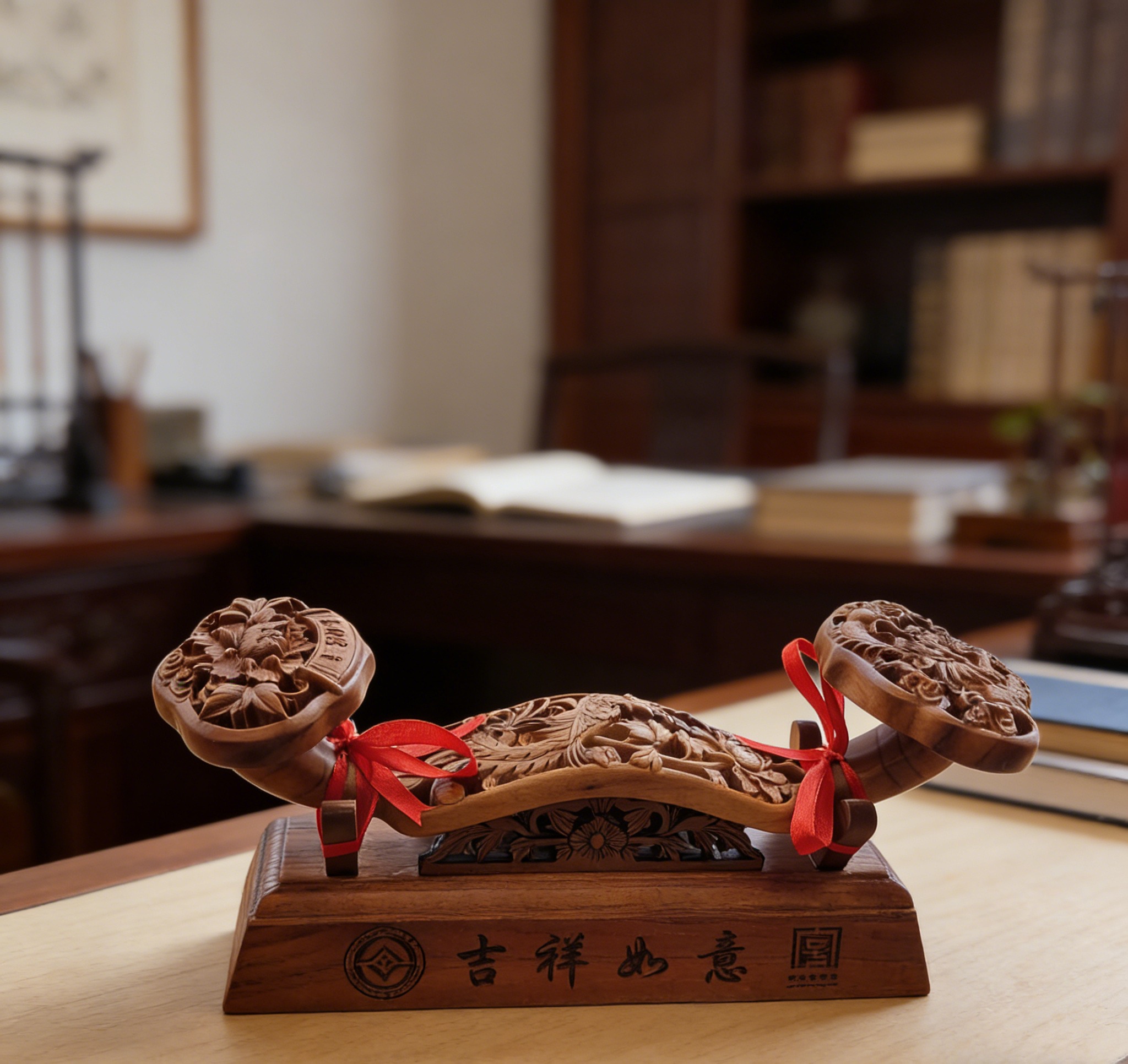 泰山非遗桃木如意摆件招财镇宅福禄客厅玄关装饰品乔迁开业送礼佳品