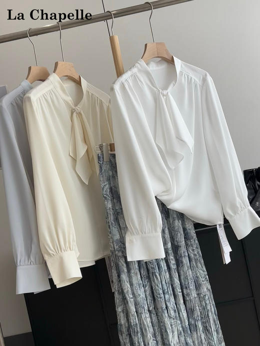 天猫同步【通勤/垂顺/优雅】拉夏贝尔/La Chapelle设计感气质显瘦宽松上衣法式绑带捏褶垂感长袖衬衫 商品图3