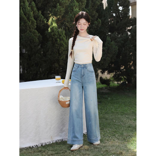 鹿向南「甜芜漫庭」蓝色牛仔裤夏季新款时尚印花小众设计感长裤女 商品图3