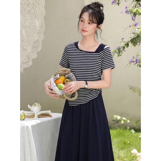 鹿向南「塞纳夏柠」小个子斜领条纹T恤女夏褶皱收腰显瘦短款上衣 商品图3