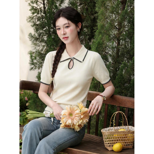 鹿向南「星环风吟」翻领针织短袖女2026夏新款修身百搭小心机上衣 商品图4