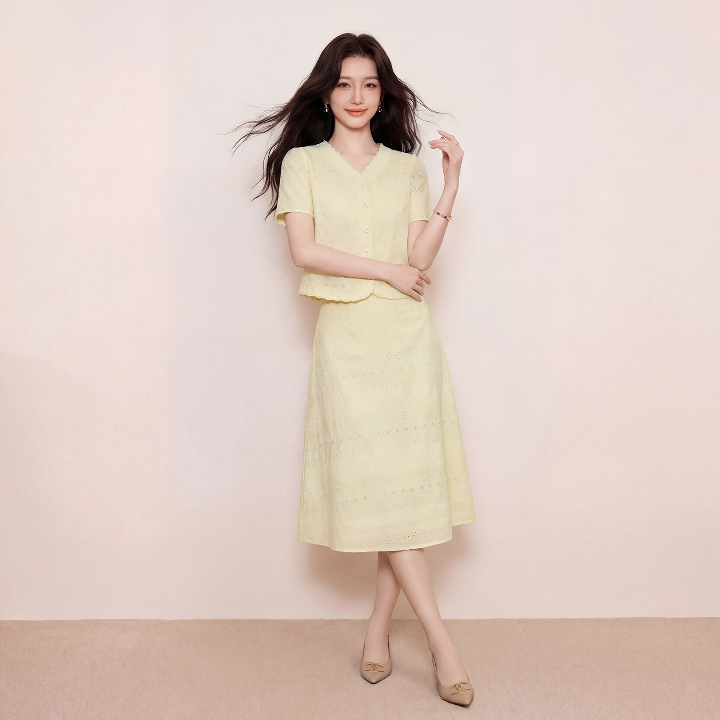 奢姿大码女装2026夏季时尚镂空圆领两件套胖妹妹气质显瘦休闲套装9962960003