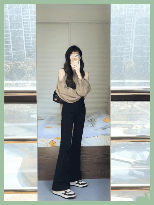 『弹弹裤』四面弹显瘦遮肉松紧腰微喇黑色长裤 商品图6