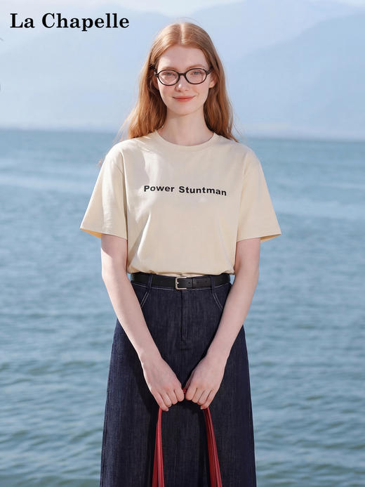 天猫同步【弹力足！高质感~】拉夏贝尔/La Chapelle两色圆领短袖T恤气质短款套头正肩法式上衣女 商品图0