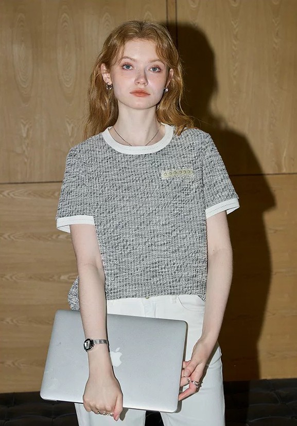 法式小香风肌理感浮雕钉珠拼色圆领短袖T恤