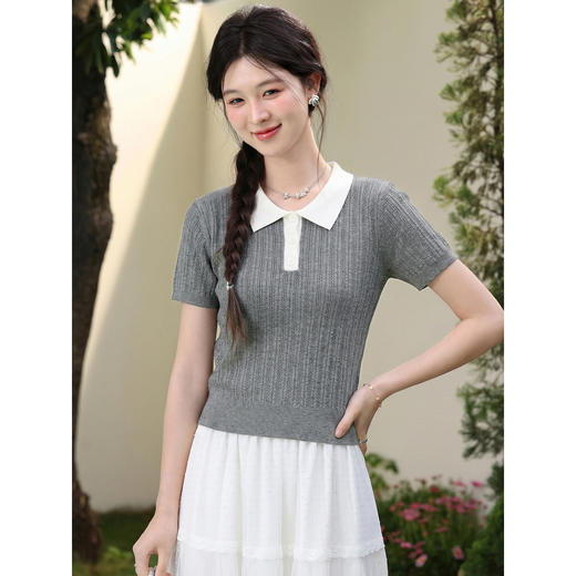 鹿向南「灰衫织语」气质感Polo领灰色针织上衣女夏季新款修身短袖 商品图0