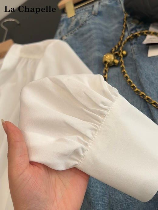 天猫同步【通勤/垂顺/优雅】拉夏贝尔/La Chapelle设计感气质显瘦宽松上衣法式绑带捏褶垂感长袖衬衫 商品图10