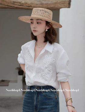 老钱风松弛感万针浮雕刺绣法式衬衫