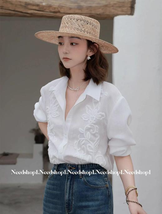 老钱风松弛感万针浮雕刺绣法式衬衫 商品图0