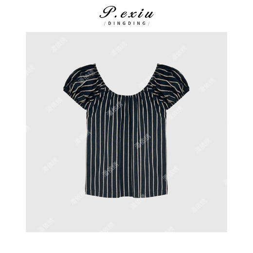 03-4潘依绣丁丁宠粉PanYiXiu/潘依绣100%棉韩系条纹泡泡袖减龄短袖衬衫 SH98112 商品图2