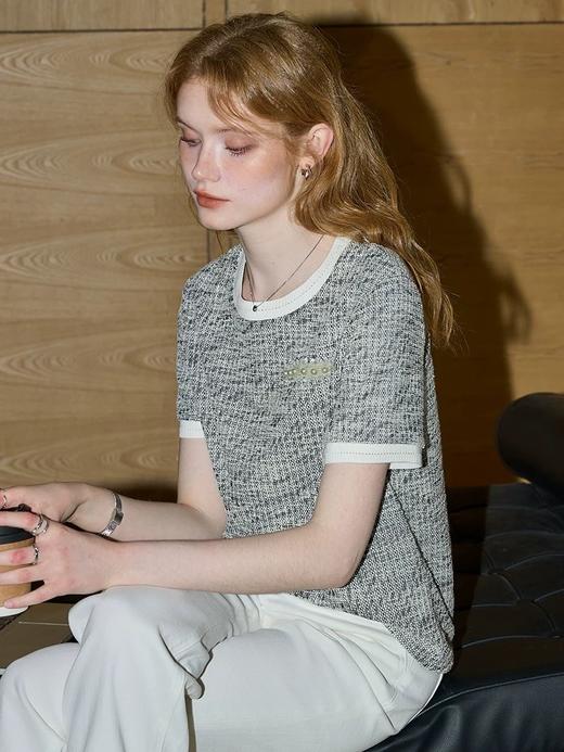 法式小香风肌理感浮雕钉珠拼色圆领短袖T恤 商品图7