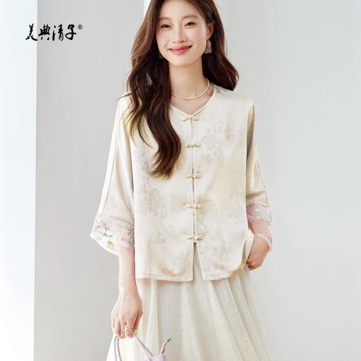 新中式缎面提花刺绣圆领七分袖单排扣盘外套 商品图3