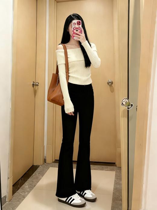 『弹弹裤』四面弹显瘦遮肉松紧腰微喇黑色长裤 商品图8