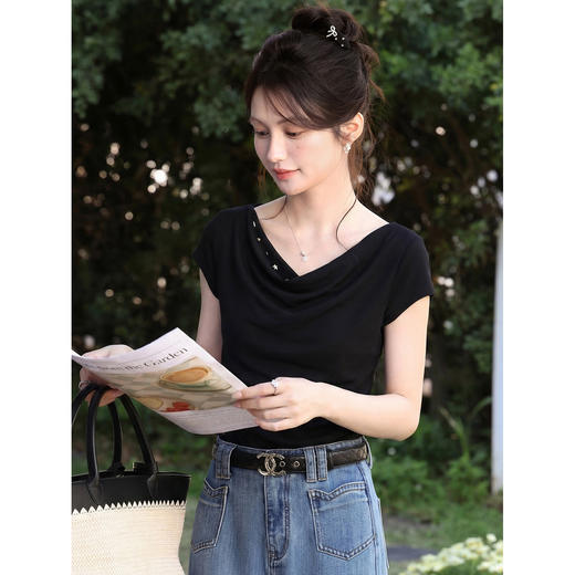 鹿向南「浅野含甜」白色短袖T恤女夏新款时尚百搭设计感显瘦上衣 商品图4