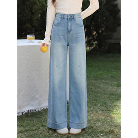 鹿向南「甜芜漫庭」蓝色牛仔裤夏季新款时尚印花小众设计感长裤女