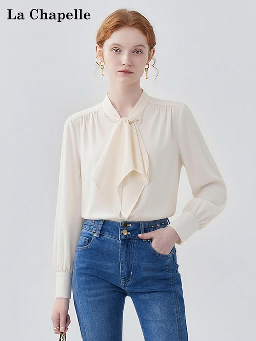 天猫同步【通勤/垂顺/优雅】拉夏贝尔/La Chapelle设计感气质显瘦宽松上衣法式绑带捏褶垂感长袖衬衫 商品图2