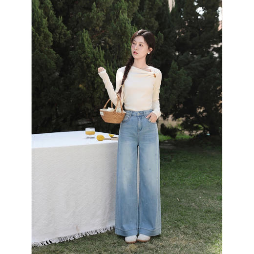 鹿向南「甜芜漫庭」蓝色牛仔裤夏季新款时尚印花小众设计感长裤女 商品图1