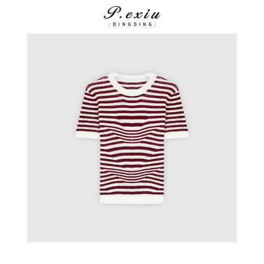 03-4潘依绣丁丁宠粉PanYiXiu/潘依绣氧气感人丝韩版撞色条纹针织短袖上衣 ZZ0556 商品图1