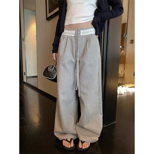 条纹元素花边腰头拼接设计感慵懒拖地裤 商品图1