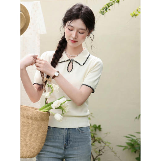 鹿向南「星环风吟」翻领针织短袖女2026夏新款修身百搭小心机上衣 商品图1