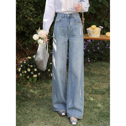 鹿向南「雾柠甜光」蓝色牛仔裤女夏季2026新款小个子高腰直筒长裤 商品图0