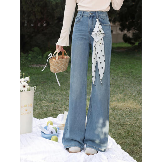 鹿向南「烟蓝慵懒」复古蓝色慵懒感阔腿牛仔裤女夏季宽松直筒长裤 商品图0