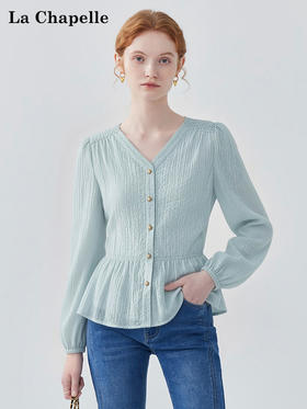 天猫同步【莱赛尔+棉】拉夏贝尔/La Chapelle气质感垂感舒适显瘦法式纯色V领上衣时尚排扣长袖衬衫