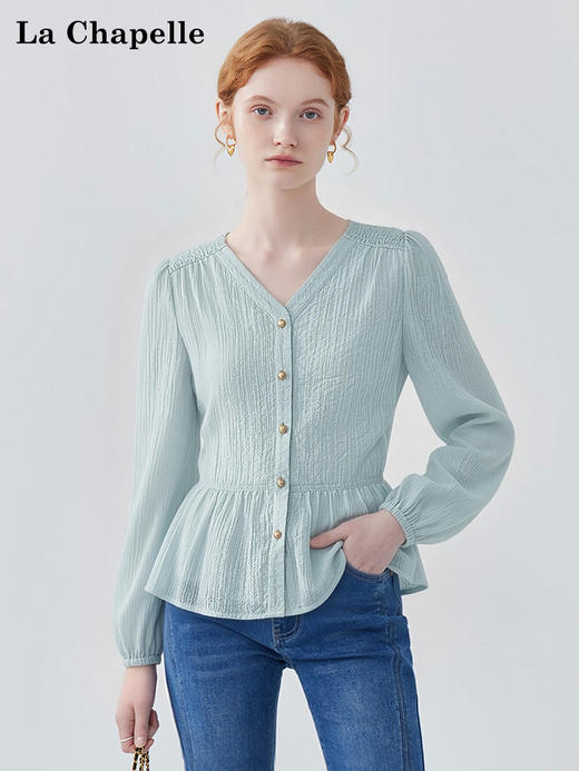 天猫同步【莱赛尔+棉】拉夏贝尔/La Chapelle气质感垂感舒适显瘦法式纯色V领上衣时尚排扣长袖衬衫 商品图0