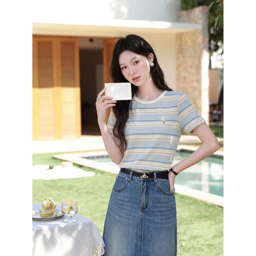 鹿向南「蓝沁冰茶」气质蓝色条纹T恤女夏季新款法式洋气短袖上衣 商品图4
