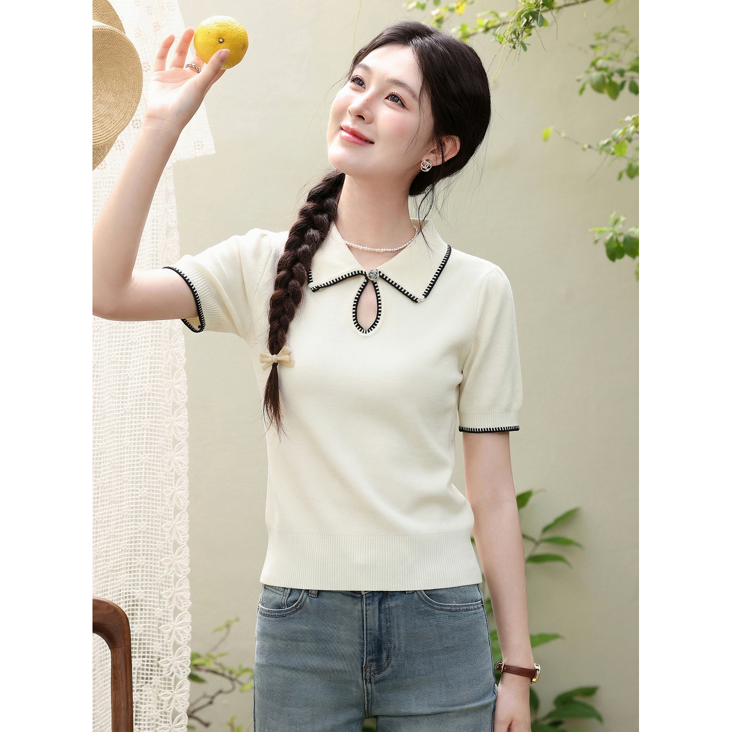 鹿向南「星环风吟」翻领针织短袖女2026夏新款修身百搭小心机上衣