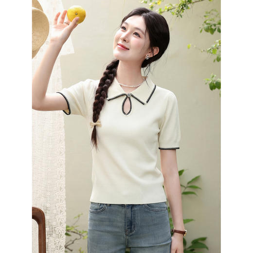 鹿向南「星环风吟」翻领针织短袖女2026夏新款修身百搭小心机上衣 商品图0