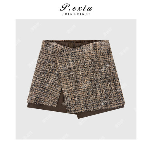 03-4潘依绣丁丁宠粉羊毛斜摆不规则气质小香风撞色格纹假两件半身裙M9120 商品图1