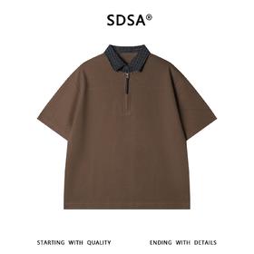 SDSA男装2026新款高贵轻奢潮牌拼接半拉链翻领假两件短袖T恤百搭