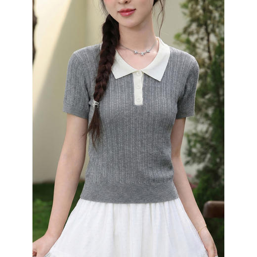 鹿向南「灰衫织语」气质感Polo领灰色针织上衣女夏季新款修身短袖 商品图2