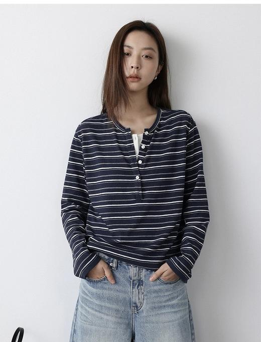 老米优品🎈预售7天！超显瘦！软fufu的春日触感~《假两件设计感半开襟条纹TEE》春天的松弛感，一件条纹T就够了🌿T260322A 商品图9